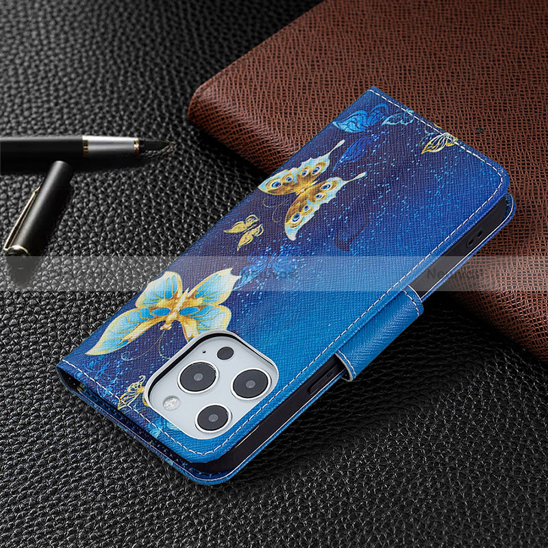 Leather Case Stands Butterfly Flip Cover L07 Holder for Apple iPhone 15 Pro Blue