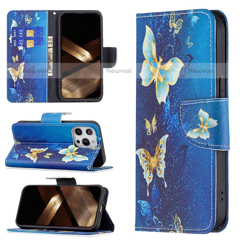 Leather Case Stands Butterfly Flip Cover L07 Holder for Apple iPhone 15 Pro Max Blue