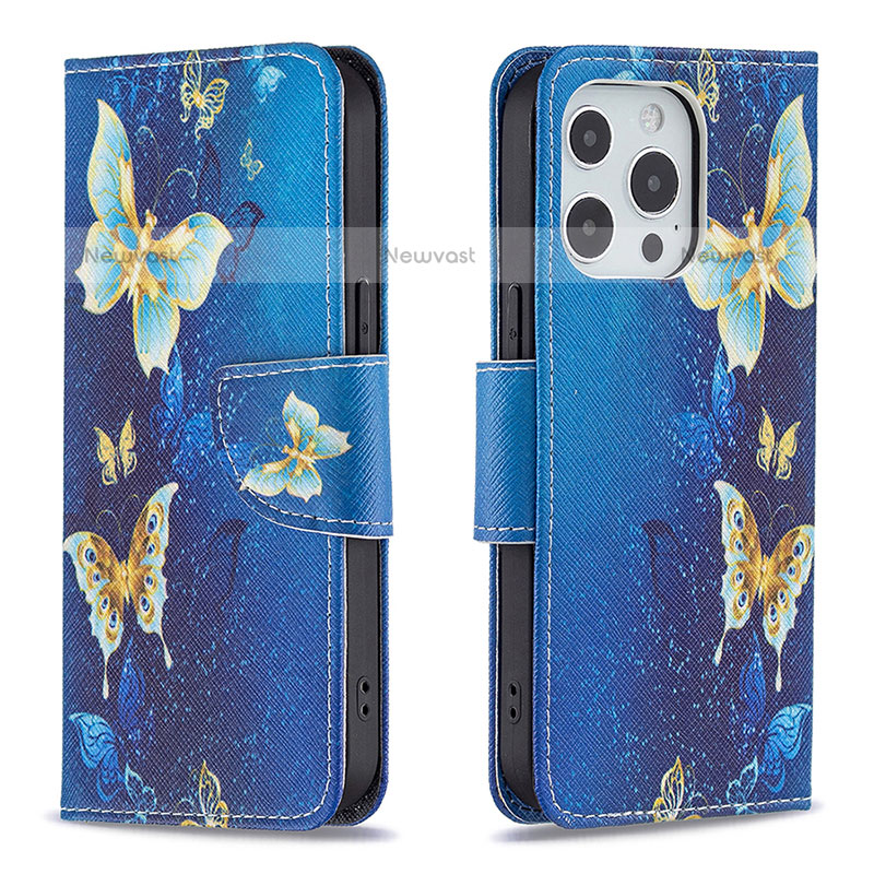 Leather Case Stands Butterfly Flip Cover L07 Holder for Apple iPhone 15 Pro Max Blue