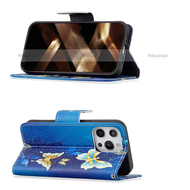 Leather Case Stands Butterfly Flip Cover L07 Holder for Apple iPhone 15 Pro Max Blue