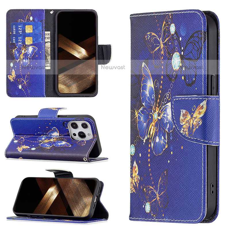 Leather Case Stands Butterfly Flip Cover L07 Holder for Apple iPhone 15 Pro Max Navy Blue