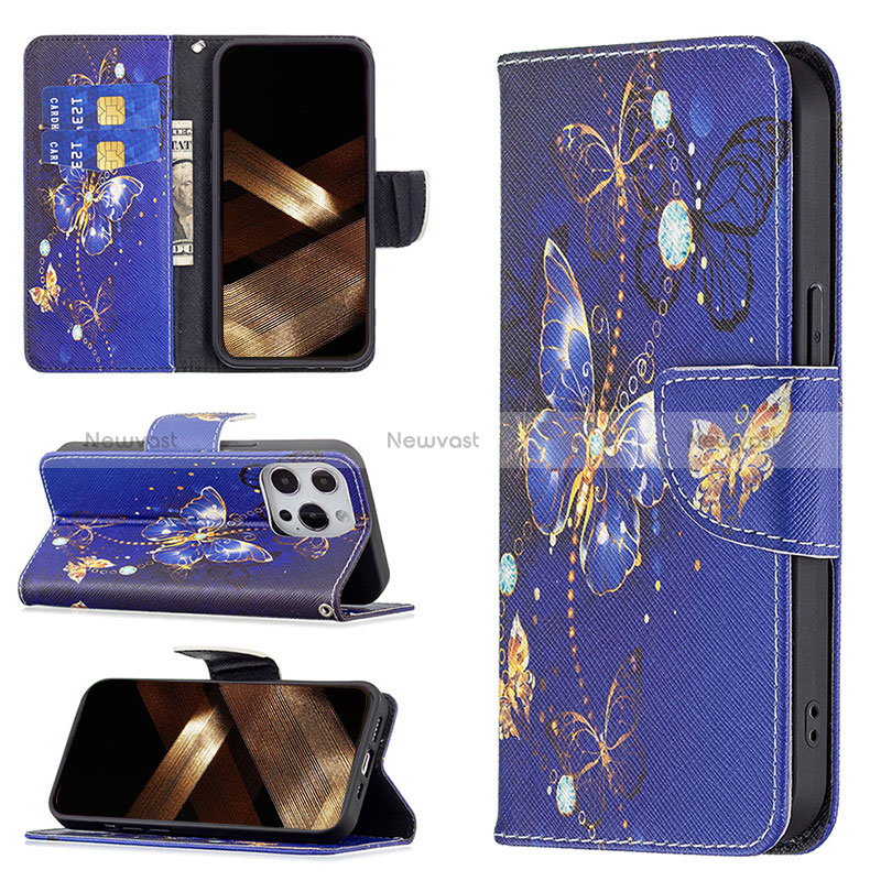 Leather Case Stands Butterfly Flip Cover L07 Holder for Apple iPhone 15 Pro Navy Blue