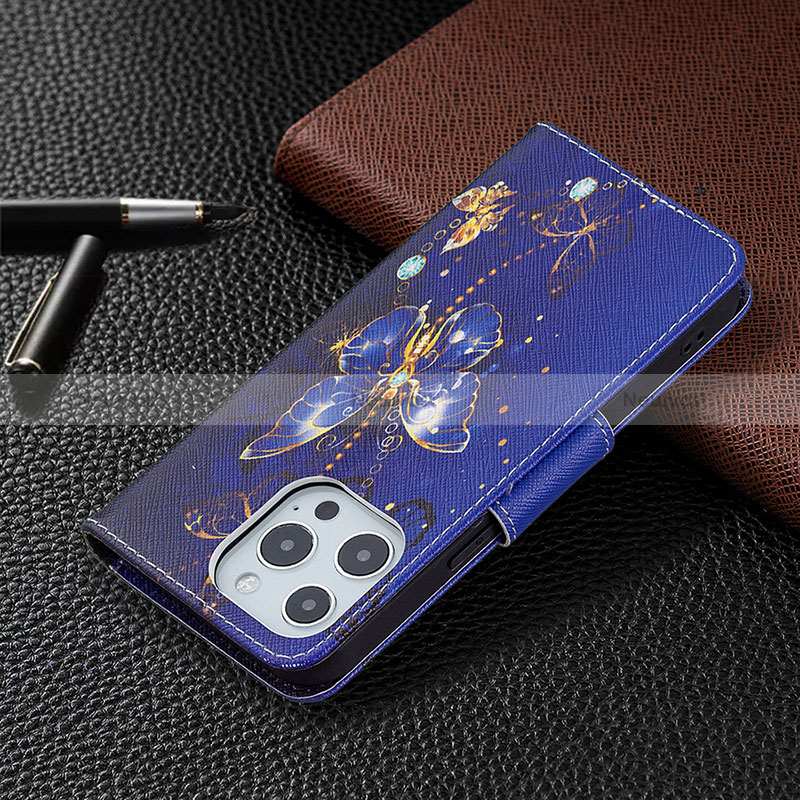 Leather Case Stands Butterfly Flip Cover L07 Holder for Apple iPhone 15 Pro Navy Blue