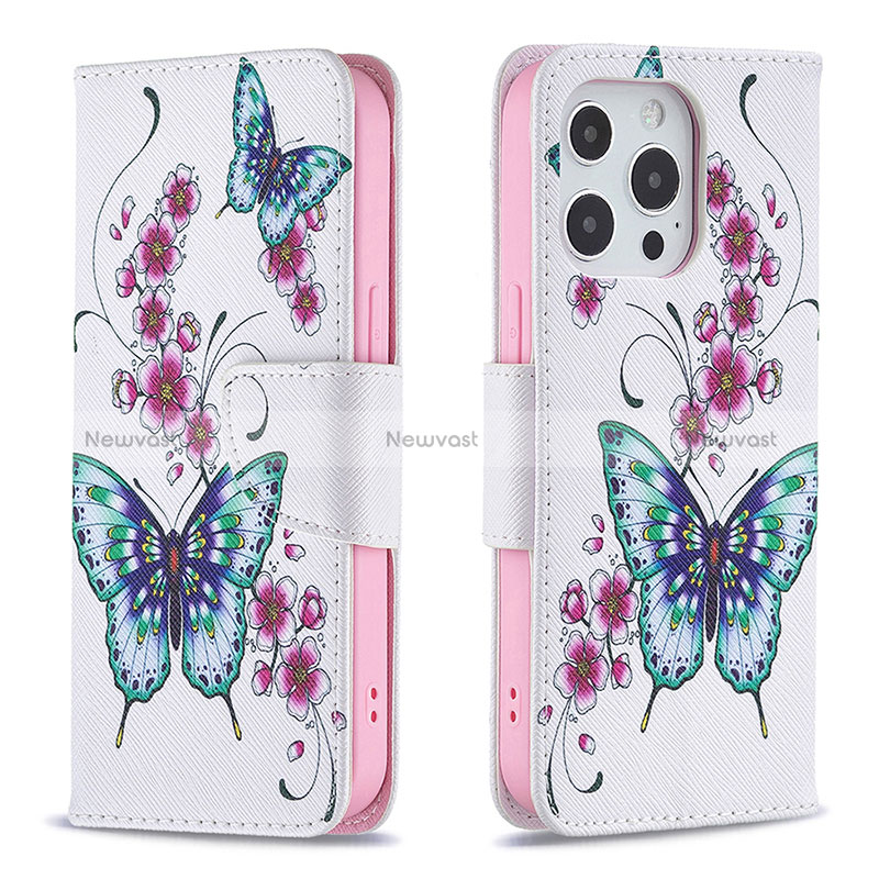 Leather Case Stands Butterfly Flip Cover L07 Holder for Apple iPhone 15 Pro Pink