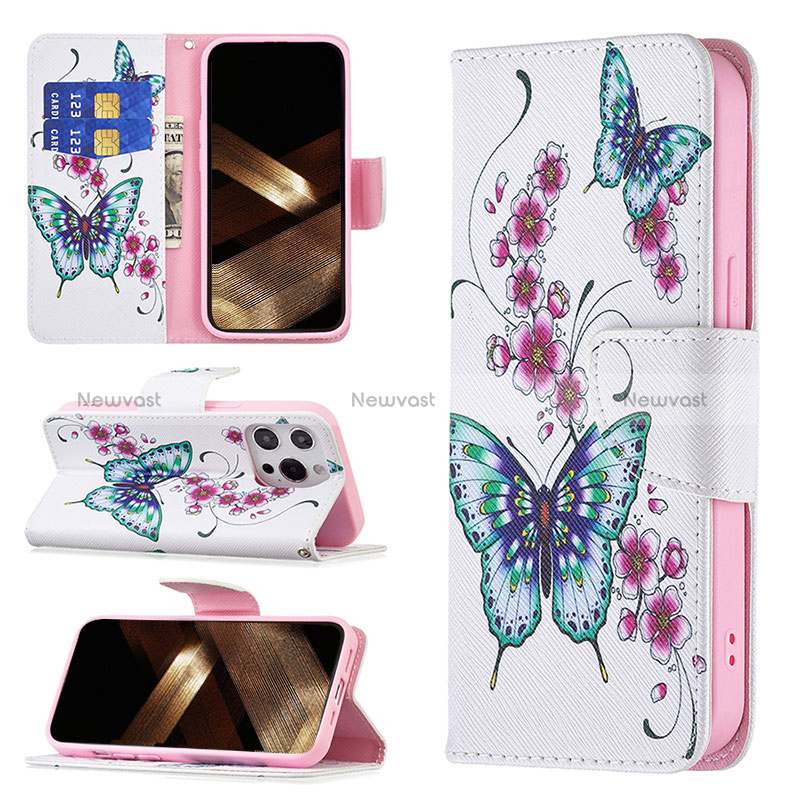 Leather Case Stands Butterfly Flip Cover L07 Holder for Apple iPhone 15 Pro Pink