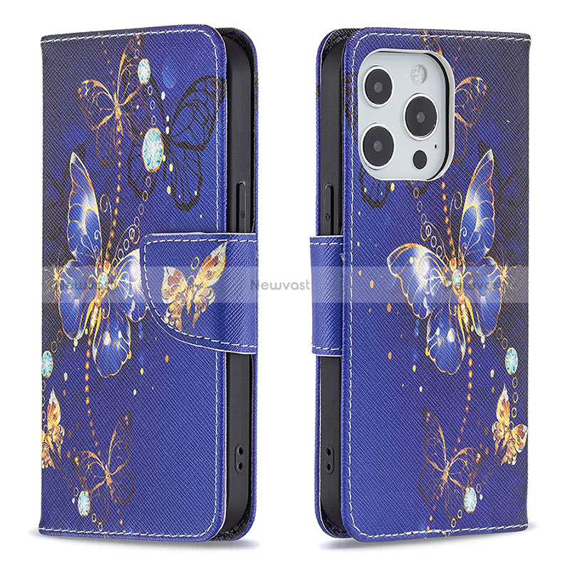 Leather Case Stands Butterfly Flip Cover L07 Holder for Apple iPhone 16 Pro Navy Blue