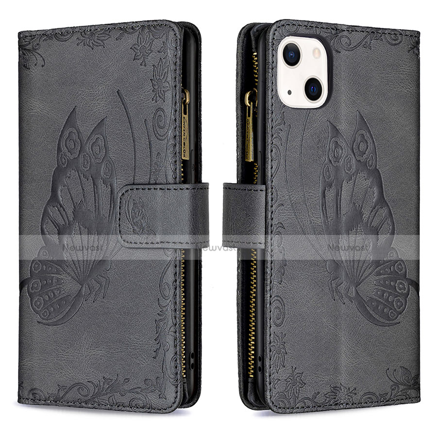 Leather Case Stands Butterfly Flip Cover L08 Holder for Apple iPhone 13 Black