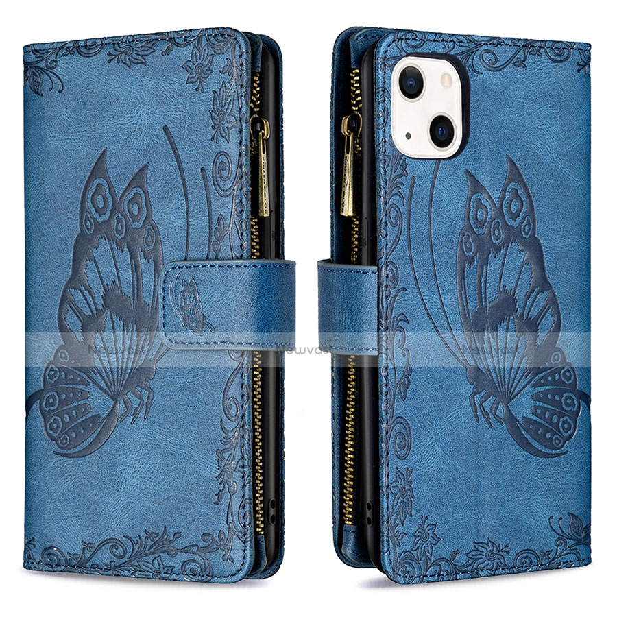 Leather Case Stands Butterfly Flip Cover L08 Holder for Apple iPhone 13 Blue