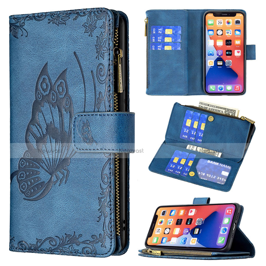 Leather Case Stands Butterfly Flip Cover L08 Holder for Apple iPhone 13 Blue