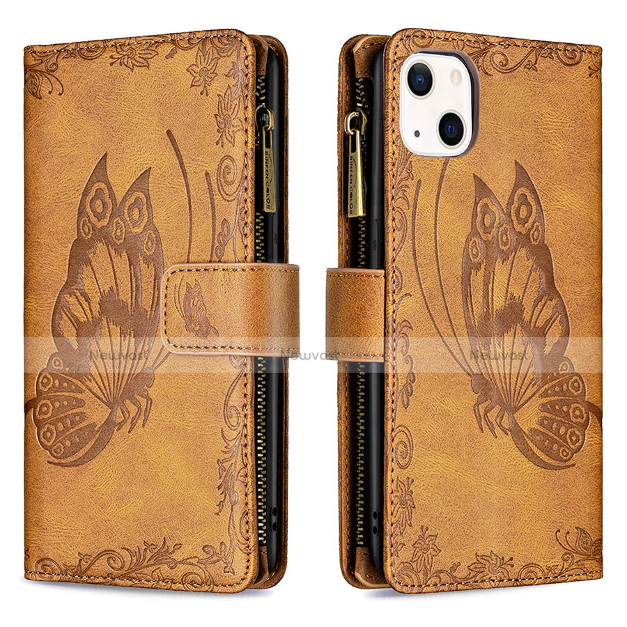 Leather Case Stands Butterfly Flip Cover L08 Holder for Apple iPhone 13 Brown