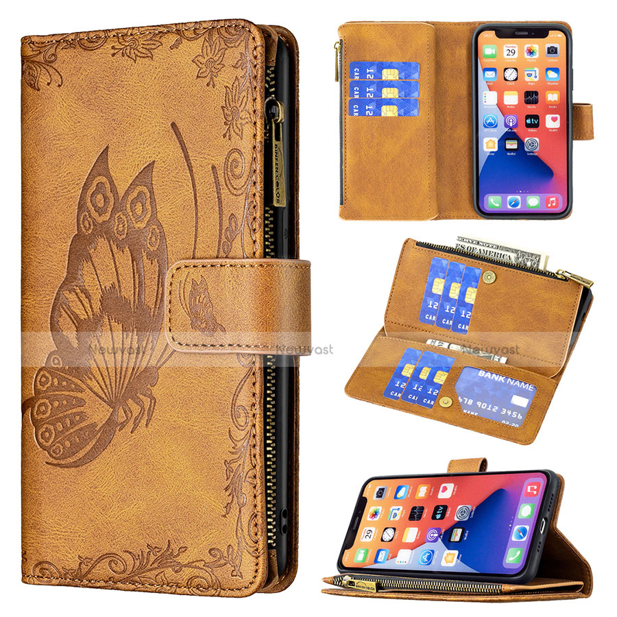 Leather Case Stands Butterfly Flip Cover L08 Holder for Apple iPhone 13 Brown