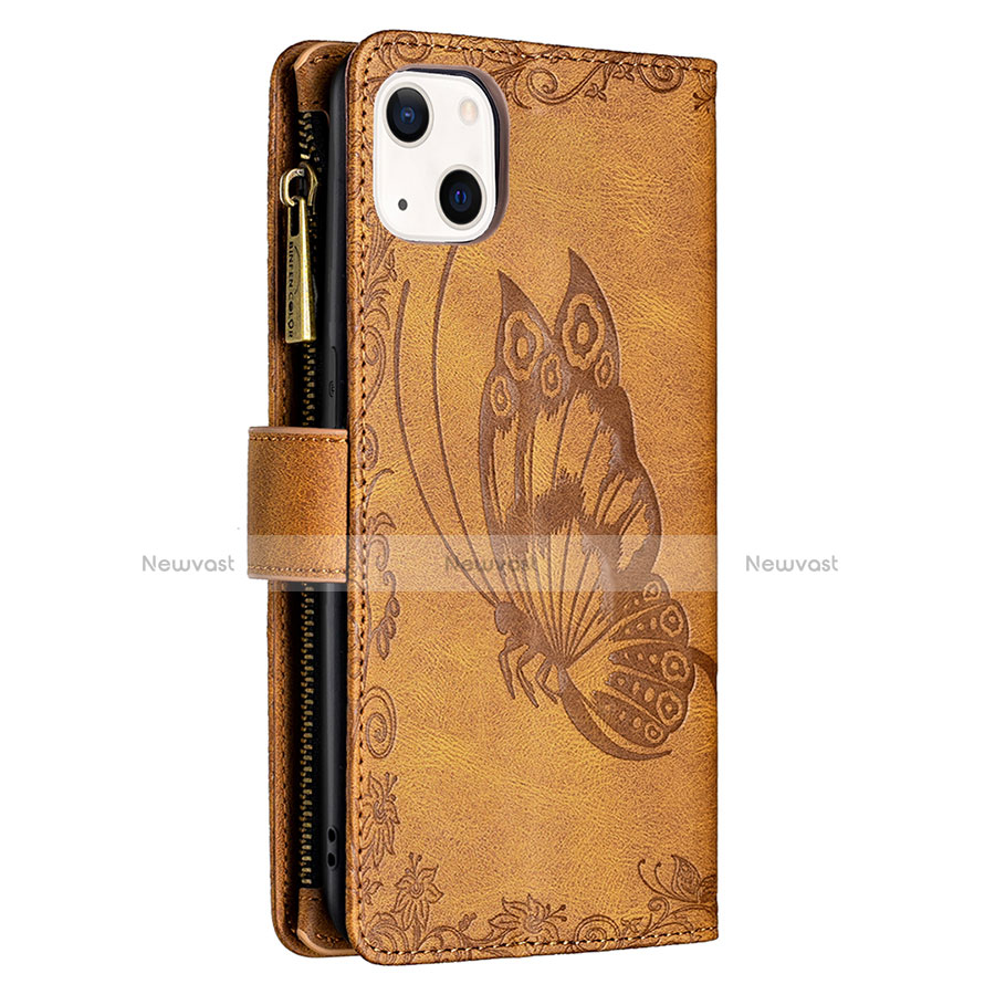 Leather Case Stands Butterfly Flip Cover L08 Holder for Apple iPhone 13 Brown