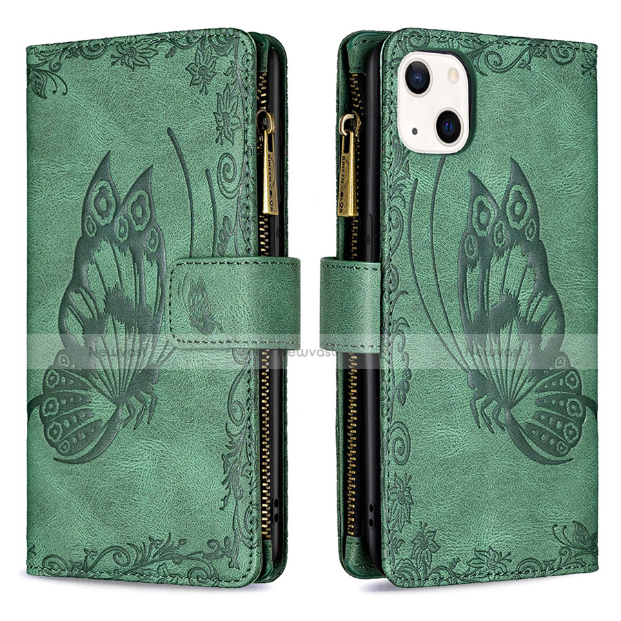 Leather Case Stands Butterfly Flip Cover L08 Holder for Apple iPhone 13 Green