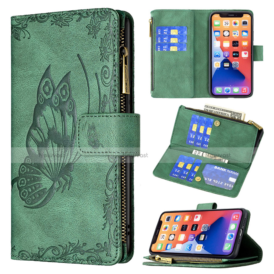 Leather Case Stands Butterfly Flip Cover L08 Holder for Apple iPhone 13 Green