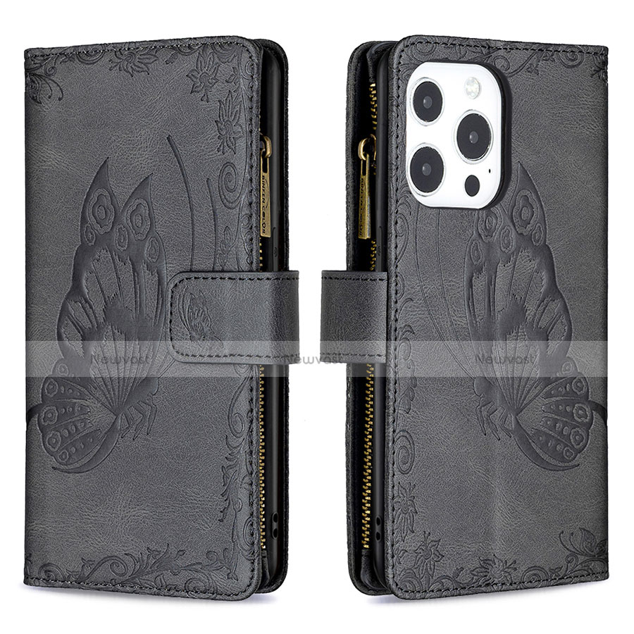 Leather Case Stands Butterfly Flip Cover L08 Holder for Apple iPhone 13 Pro Black