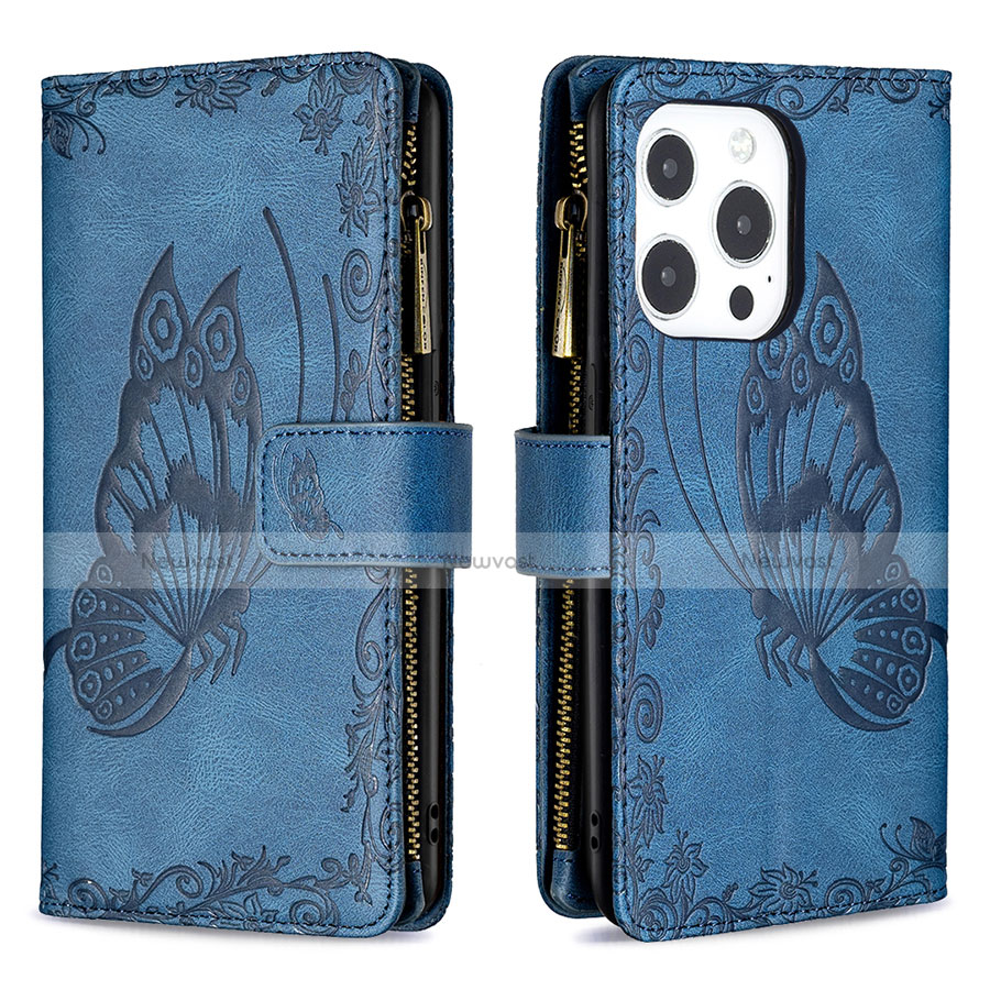 Leather Case Stands Butterfly Flip Cover L08 Holder for Apple iPhone 13 Pro Blue