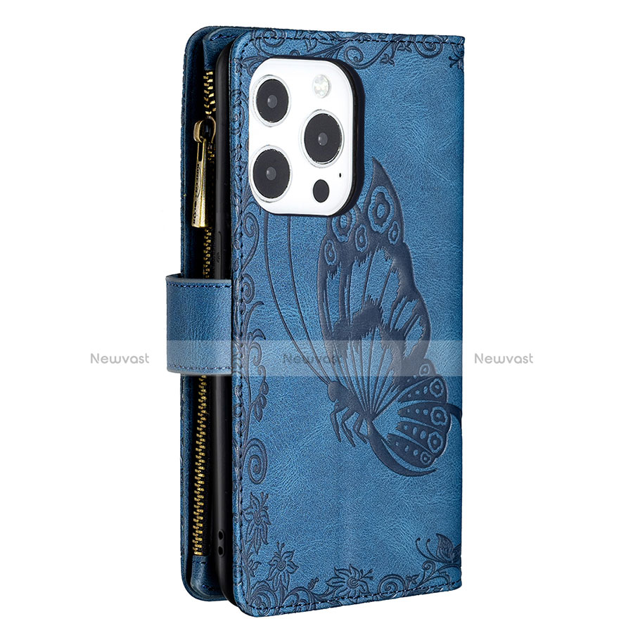 Leather Case Stands Butterfly Flip Cover L08 Holder for Apple iPhone 13 Pro Blue