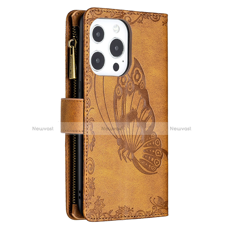 Leather Case Stands Butterfly Flip Cover L08 Holder for Apple iPhone 13 Pro Brown