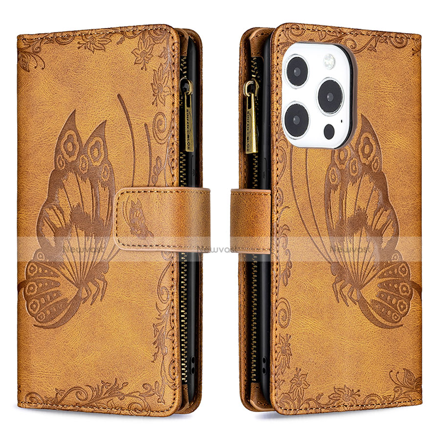 Leather Case Stands Butterfly Flip Cover L08 Holder for Apple iPhone 13 Pro Max Brown