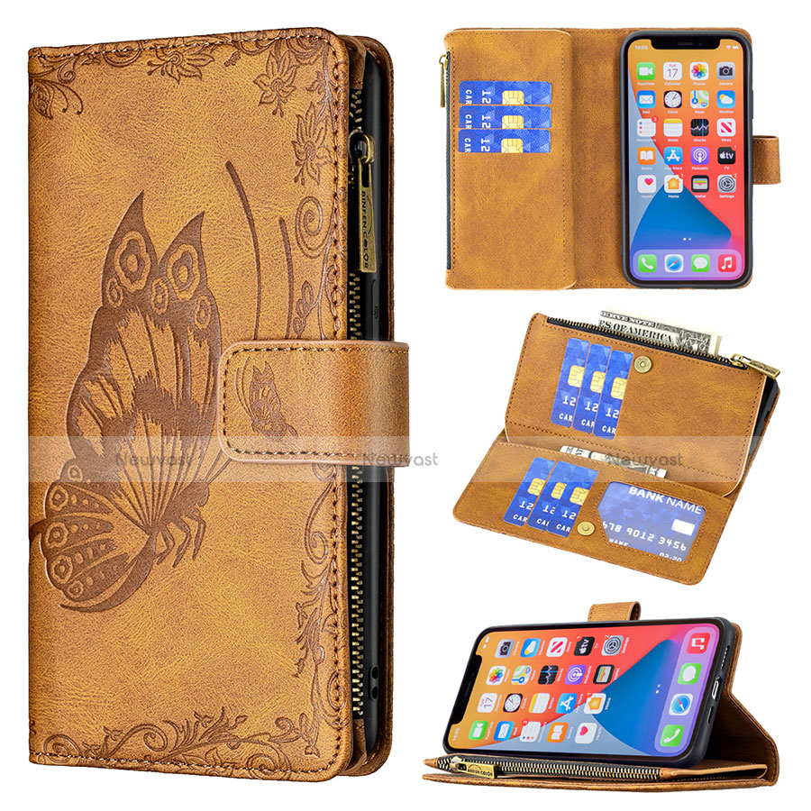 Leather Case Stands Butterfly Flip Cover L08 Holder for Apple iPhone 13 Pro Max Brown