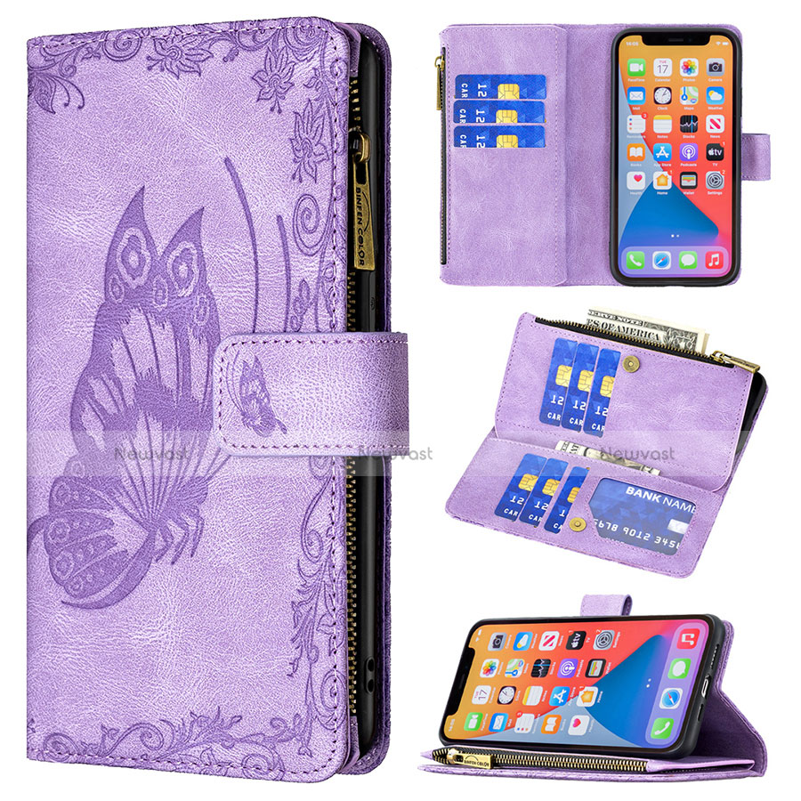 Leather Case Stands Butterfly Flip Cover L08 Holder for Apple iPhone 13 Pro Purple