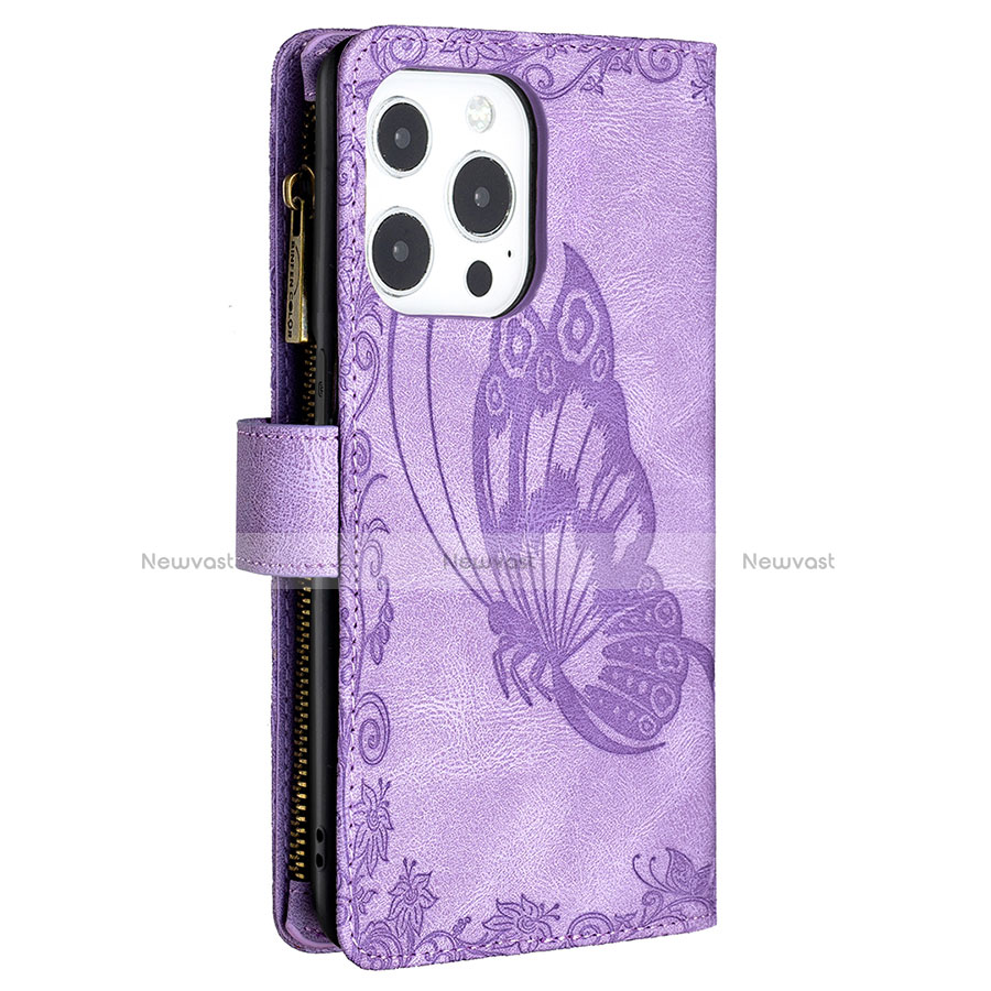 Leather Case Stands Butterfly Flip Cover L08 Holder for Apple iPhone 13 Pro Purple