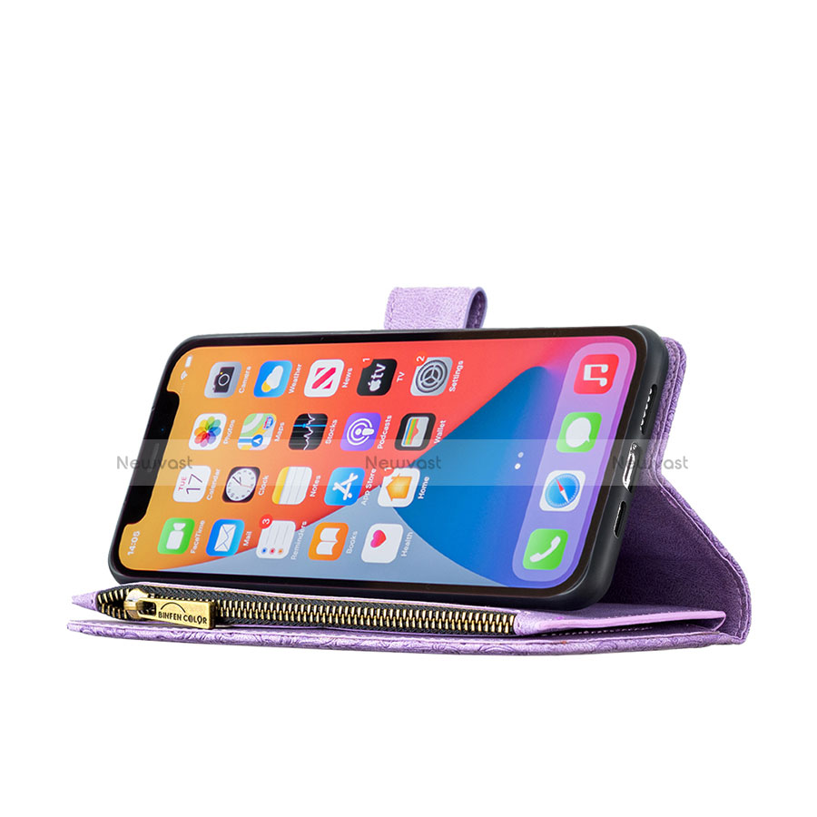 Leather Case Stands Butterfly Flip Cover L08 Holder for Apple iPhone 13 Pro Purple