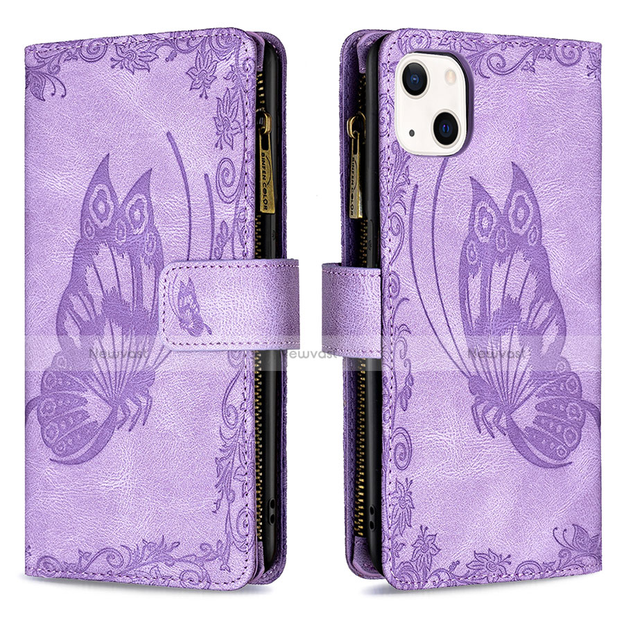 Leather Case Stands Butterfly Flip Cover L08 Holder for Apple iPhone 13 Purple