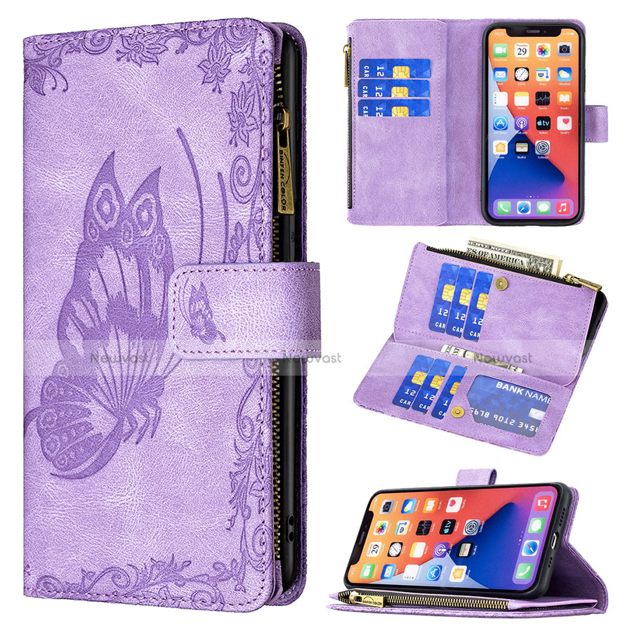 Leather Case Stands Butterfly Flip Cover L08 Holder for Apple iPhone 13 Purple