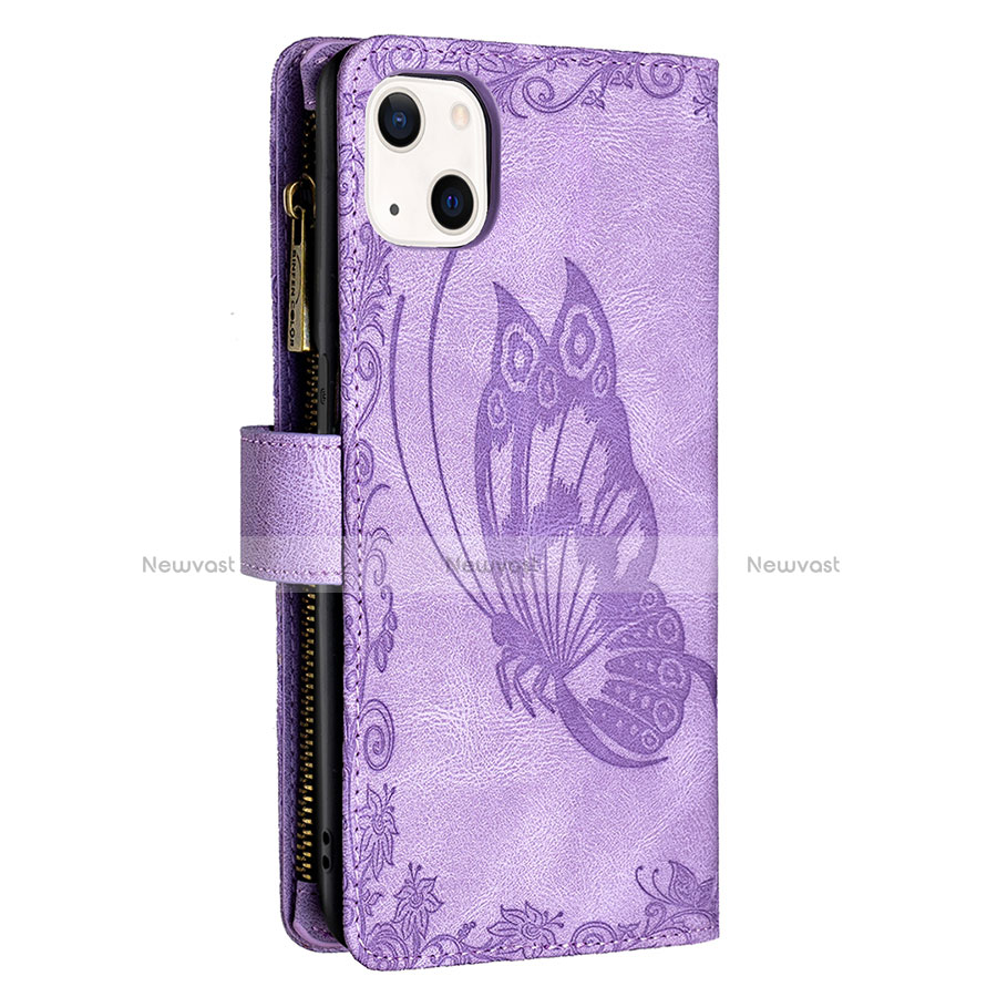 Leather Case Stands Butterfly Flip Cover L08 Holder for Apple iPhone 13 Purple