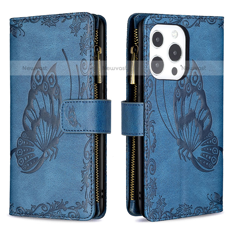 Leather Case Stands Butterfly Flip Cover L08 Holder for Apple iPhone 14 Pro Blue