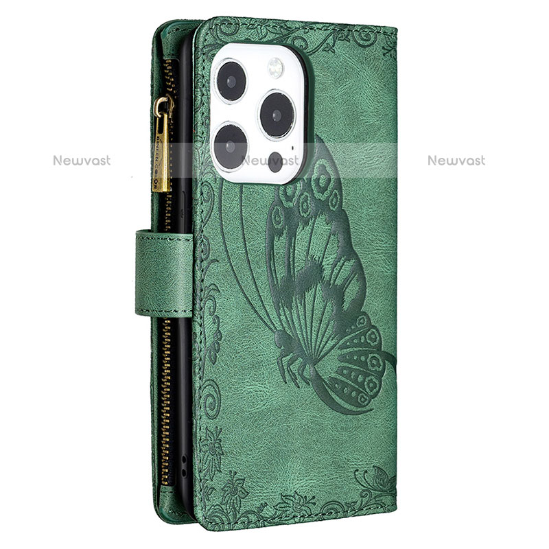 Leather Case Stands Butterfly Flip Cover L08 Holder for Apple iPhone 14 Pro Green