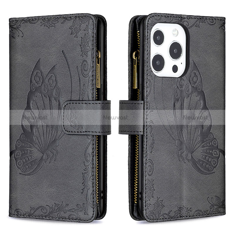 Leather Case Stands Butterfly Flip Cover L08 Holder for Apple iPhone 14 Pro Max Black