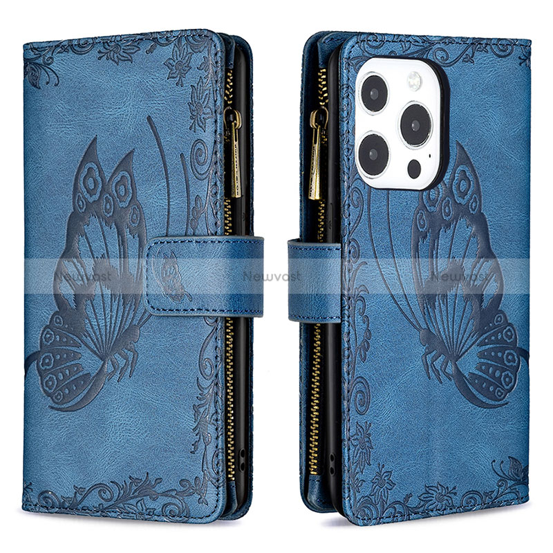 Leather Case Stands Butterfly Flip Cover L08 Holder for Apple iPhone 14 Pro Max Blue