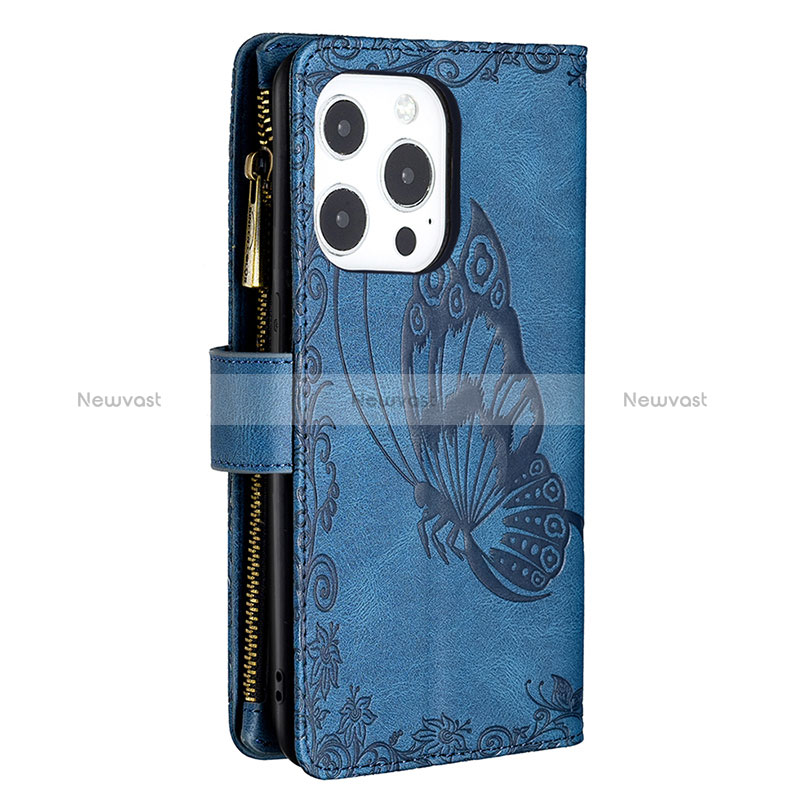 Leather Case Stands Butterfly Flip Cover L08 Holder for Apple iPhone 14 Pro Max Blue