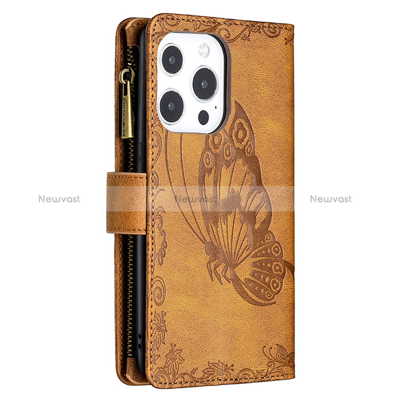 Leather Case Stands Butterfly Flip Cover L08 Holder for Apple iPhone 14 Pro Max Brown