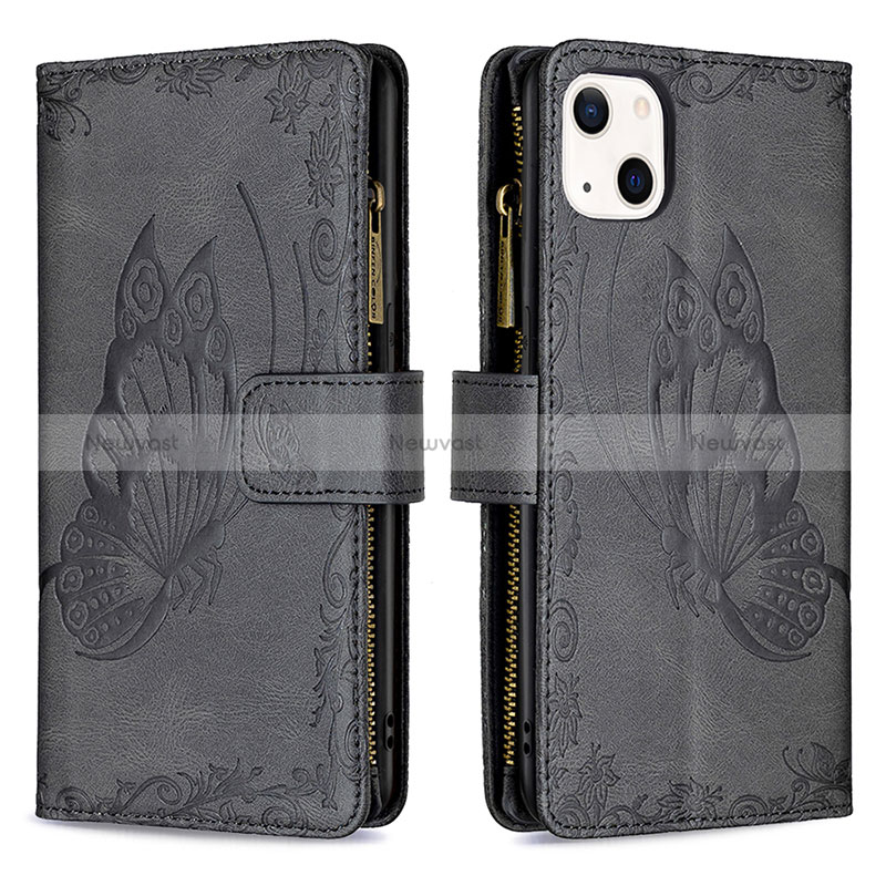 Leather Case Stands Butterfly Flip Cover L08 Holder for Apple iPhone 15 Black