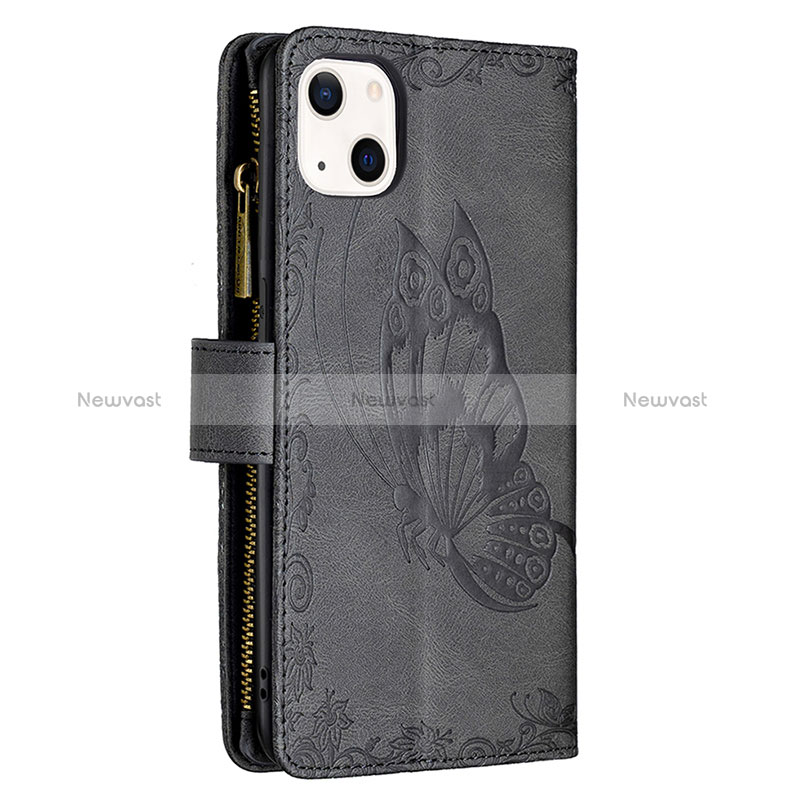 Leather Case Stands Butterfly Flip Cover L08 Holder for Apple iPhone 15 Black