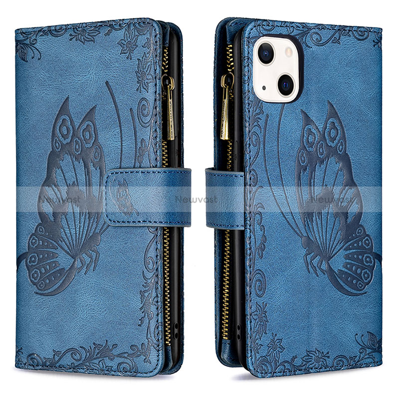 Leather Case Stands Butterfly Flip Cover L08 Holder for Apple iPhone 15 Blue