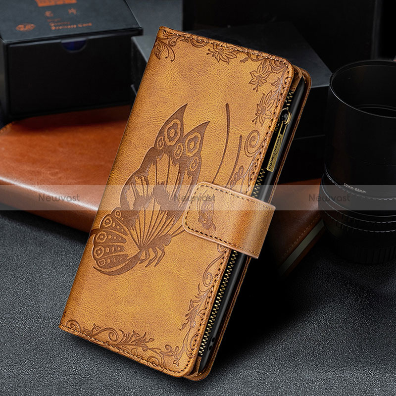 Leather Case Stands Butterfly Flip Cover L08 Holder for Apple iPhone 15 Brown