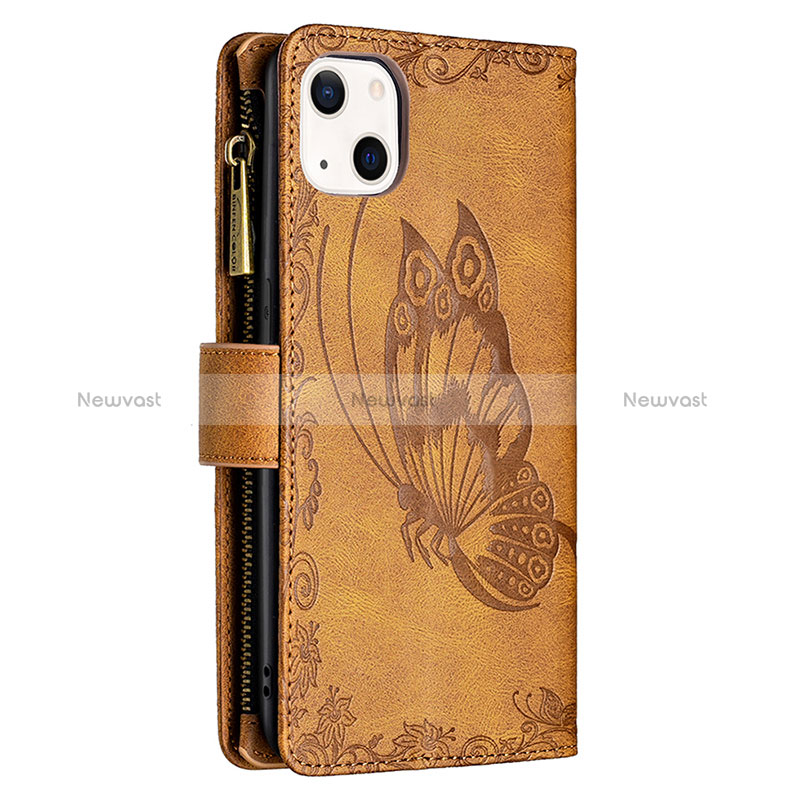 Leather Case Stands Butterfly Flip Cover L08 Holder for Apple iPhone 15 Brown