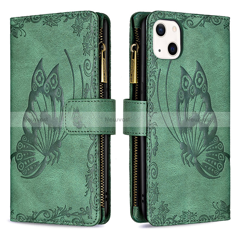 Leather Case Stands Butterfly Flip Cover L08 Holder for Apple iPhone 15 Green