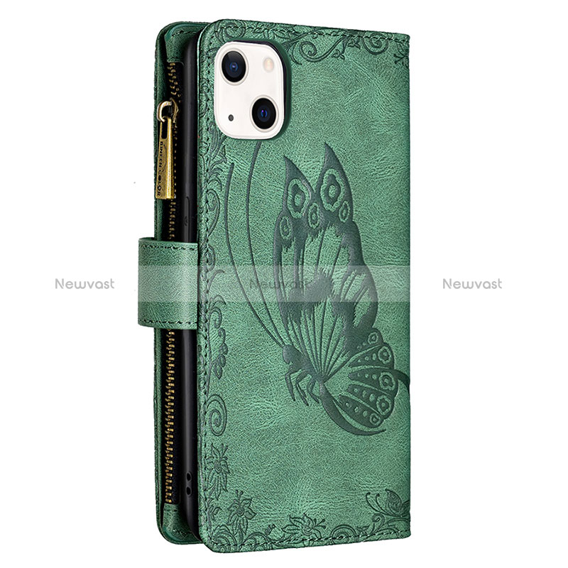 Leather Case Stands Butterfly Flip Cover L08 Holder for Apple iPhone 15 Green