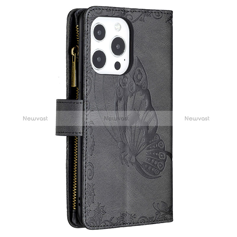 Leather Case Stands Butterfly Flip Cover L08 Holder for Apple iPhone 15 Pro Black