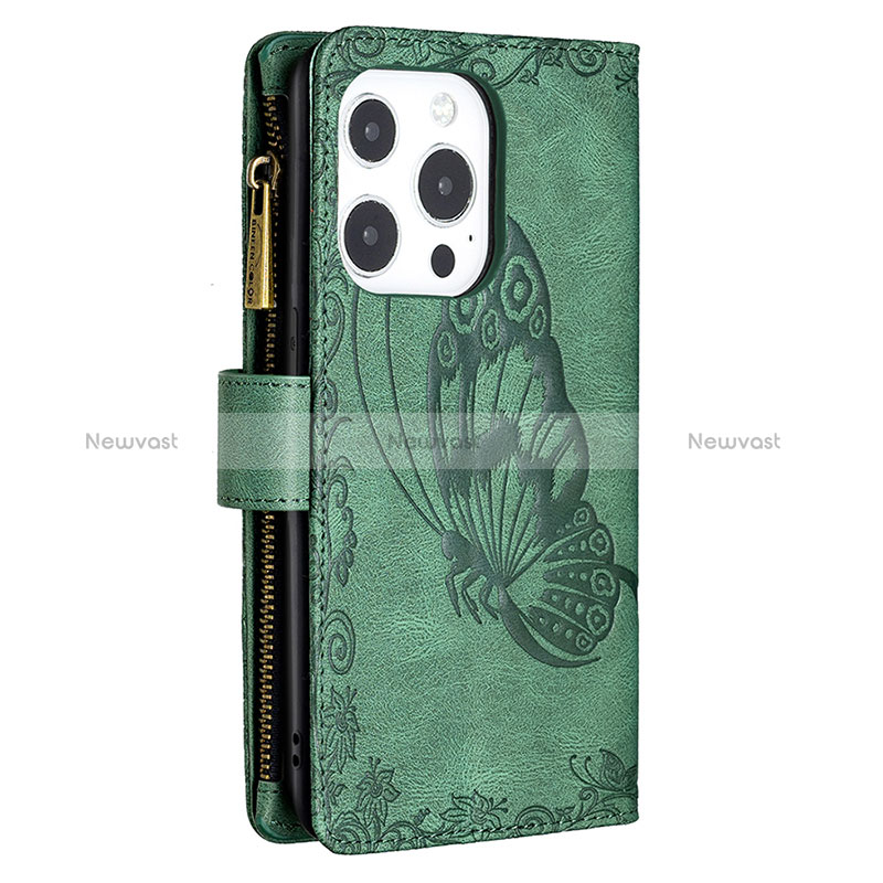 Leather Case Stands Butterfly Flip Cover L08 Holder for Apple iPhone 15 Pro Green