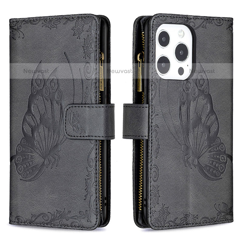 Leather Case Stands Butterfly Flip Cover L08 Holder for Apple iPhone 15 Pro Max Black