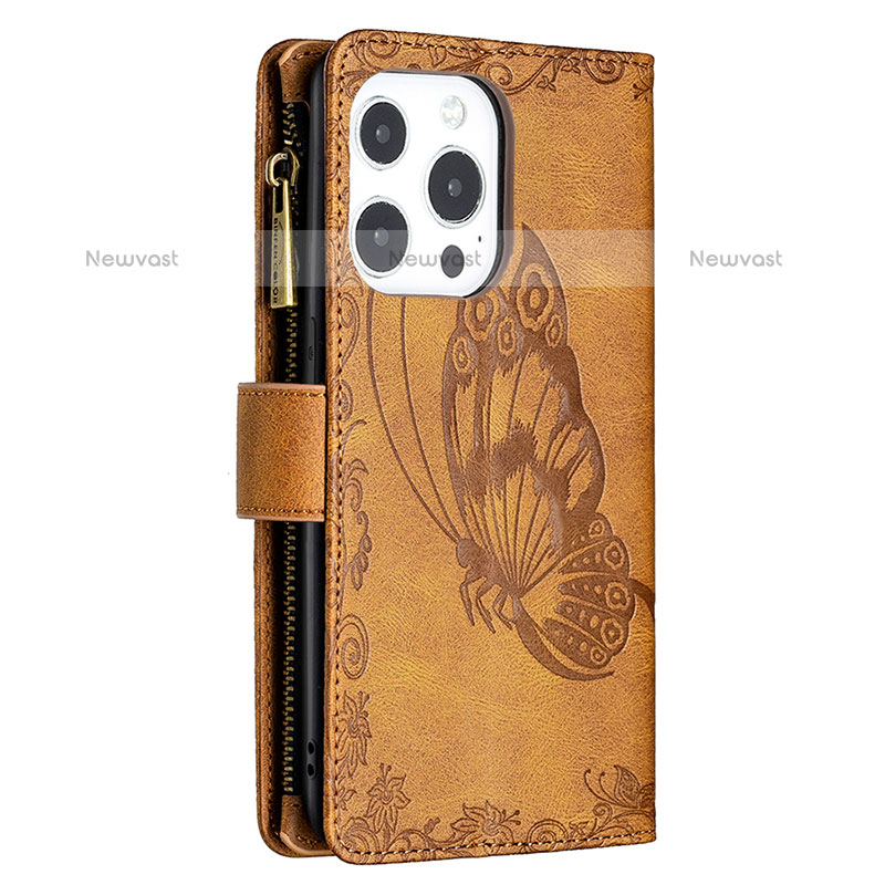 Leather Case Stands Butterfly Flip Cover L08 Holder for Apple iPhone 15 Pro Max Brown