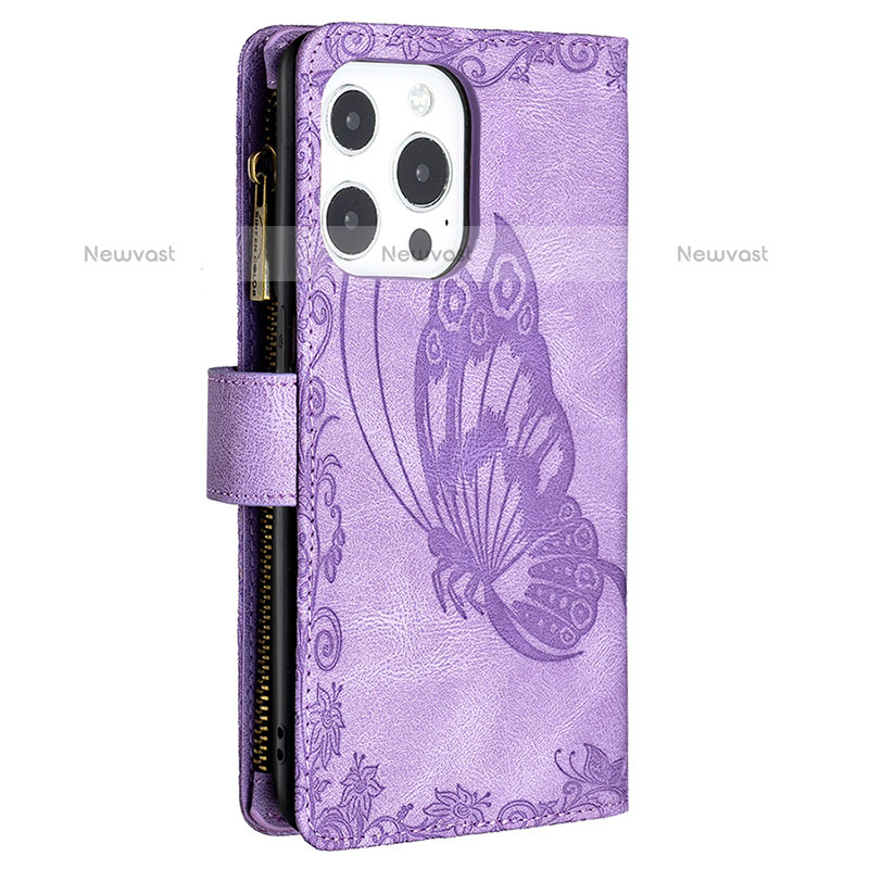 Leather Case Stands Butterfly Flip Cover L08 Holder for Apple iPhone 15 Pro Max Purple