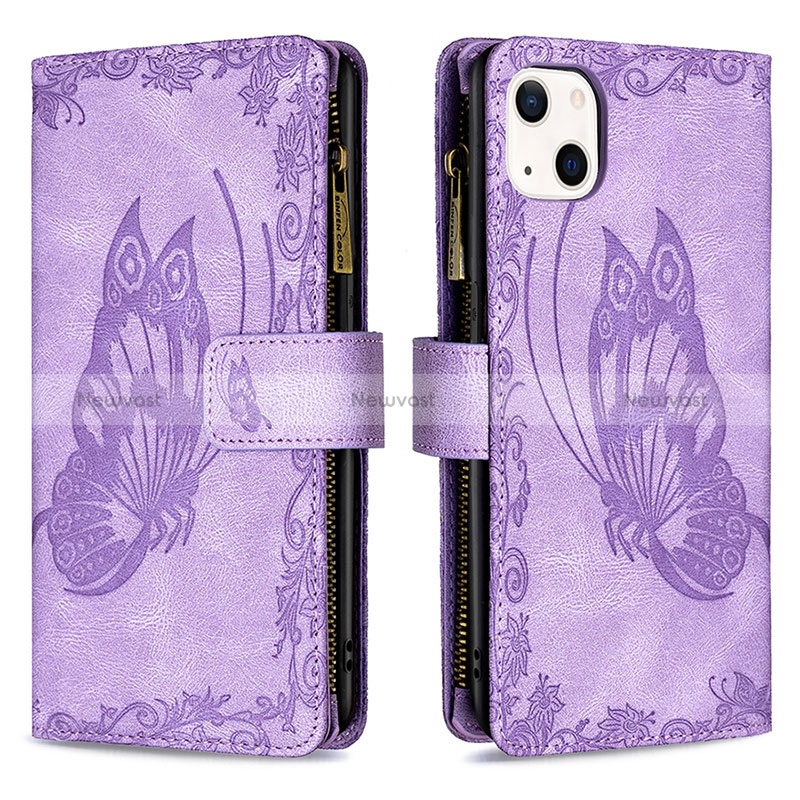 Leather Case Stands Butterfly Flip Cover L08 Holder for Apple iPhone 15 Purple