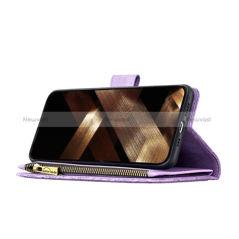 Leather Case Stands Butterfly Flip Cover L08 Holder for Apple iPhone 15 Purple